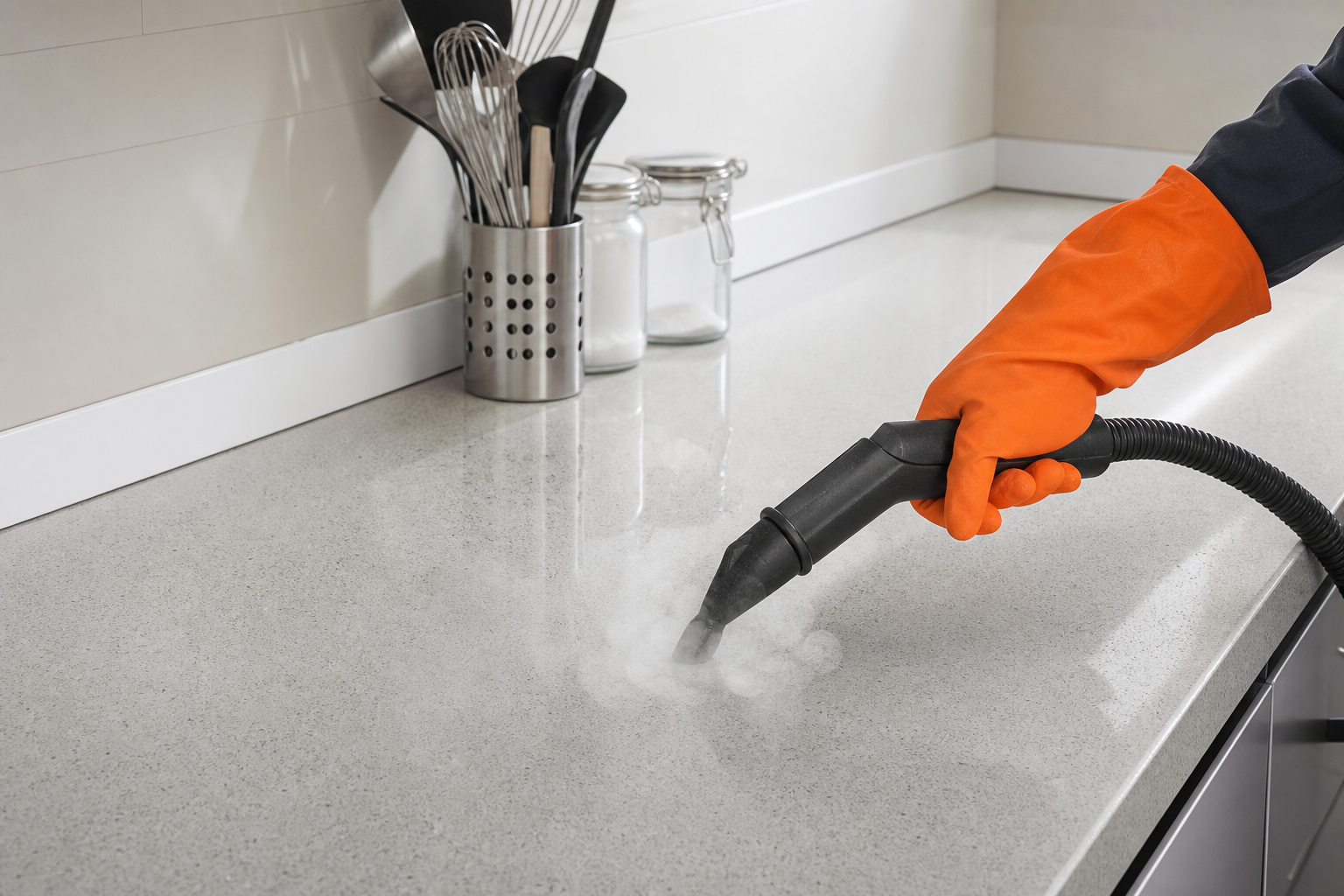 Plan de travail de cuisine en cours de nettoyage à la vapeur avant traitement anti-nuisibles