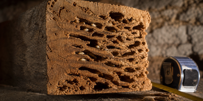 Galerie de termites Reticulitermes flavipes dans une poutre de bois ancien révélant l'ampleur d'une infestation souterraine