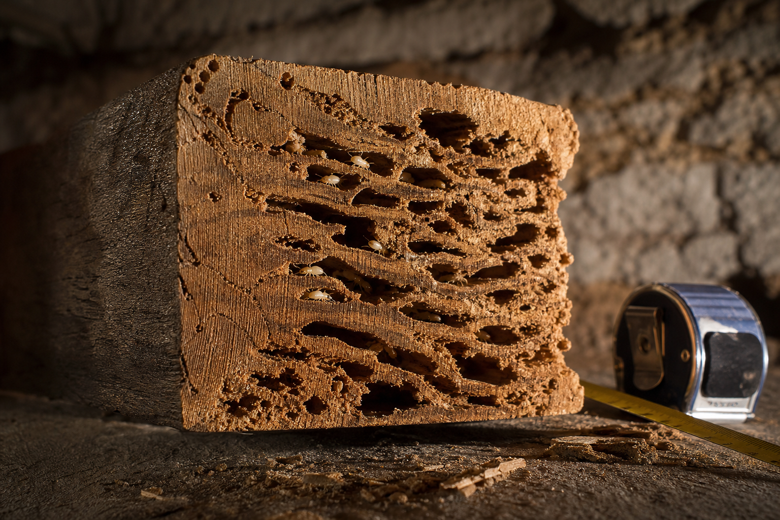 Galerie de termites Reticulitermes flavipes dans une poutre de bois ancien révélant l'ampleur d'une infestation souterraine